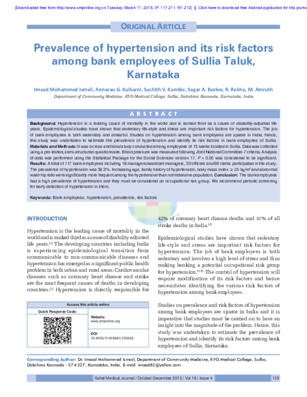 (PDF) Prevalence of Hypertension and its risk factors among Staff of ...