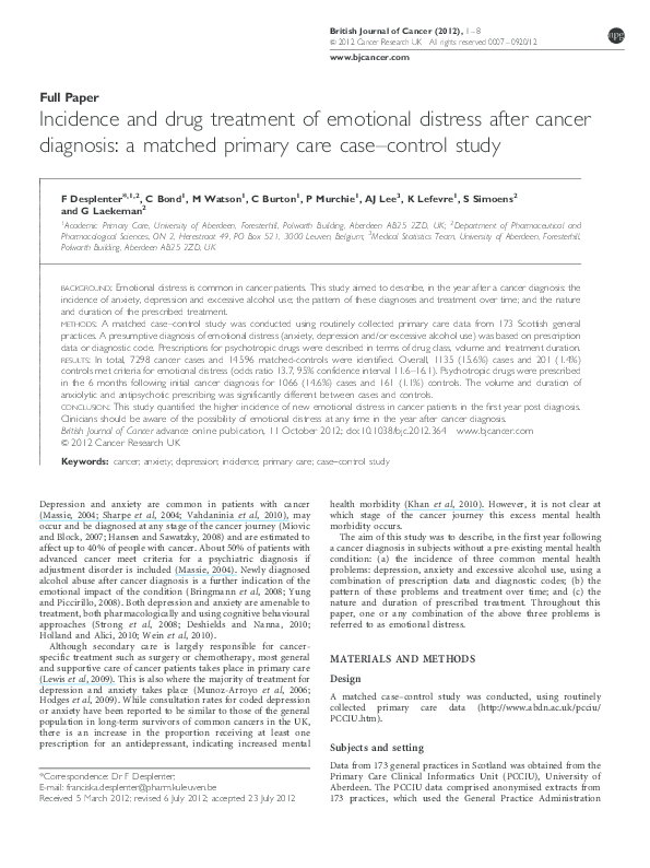 (PDF) Incidence and drug treatment of emotional distress after cancer ...