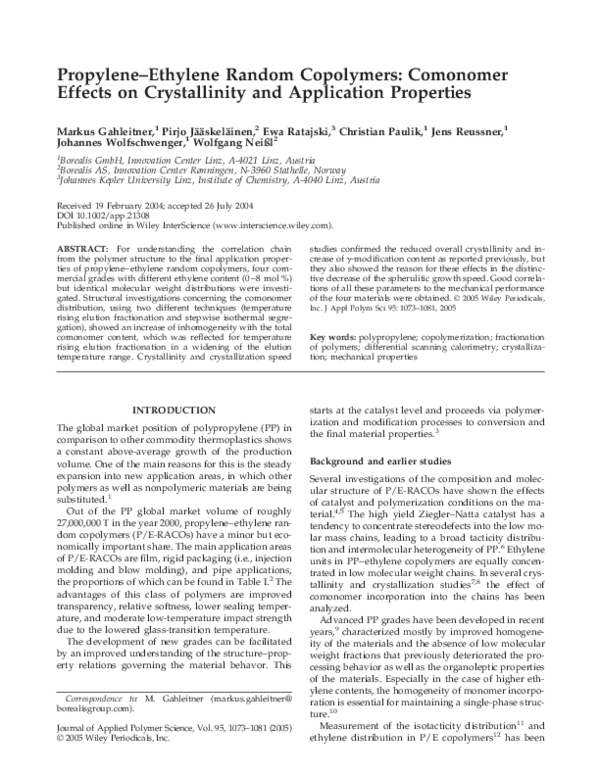 (PDF) Propylene-ethylene random copolymers: Comonomer effects on ...