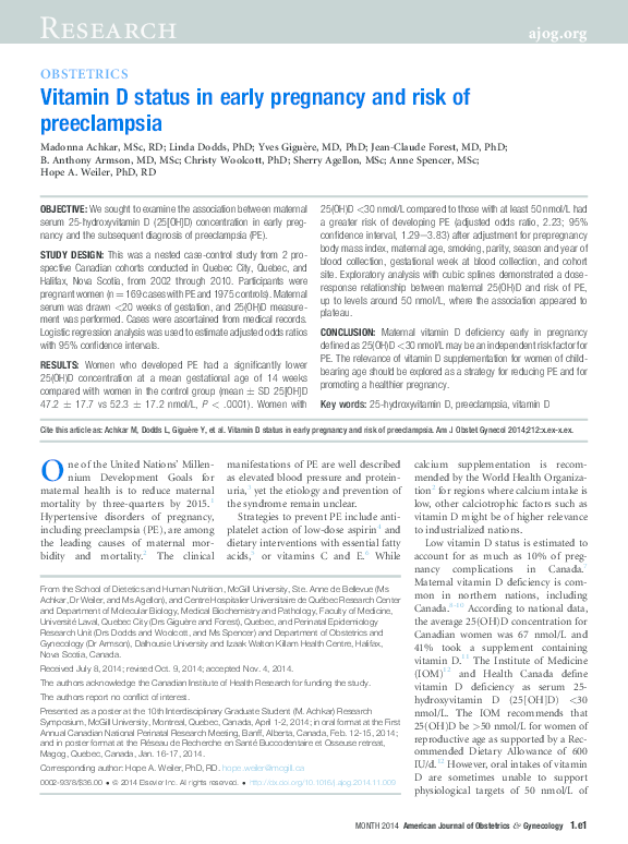 (PDF) Vitamin D status in early pregnancy and risk of preeclampsia