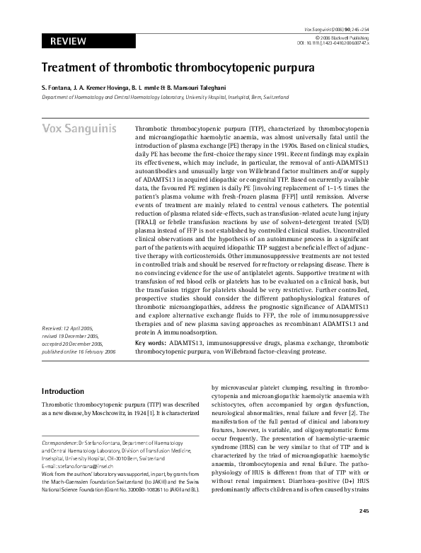 (PDF) Treatment of thrombotic thrombocytopenic purpura