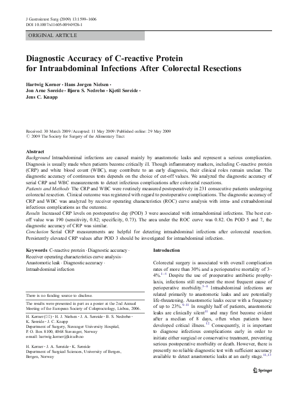 (PDF) Diagnostic Accuracy of C-reactive Protein for Intraabdominal ...