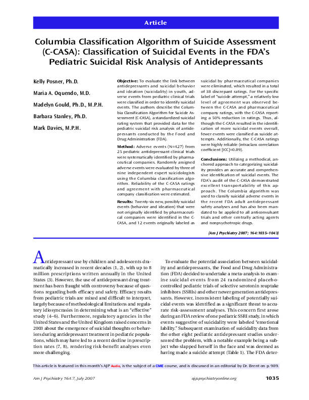 (PDF) Columbia Classification Algorithm of Suicide Assessment (C-CASA ...