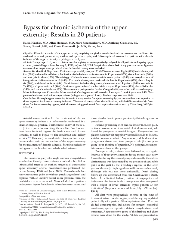 (PDF) Bypass for chronic ischemia of the upper extremity: Results in 20 ...