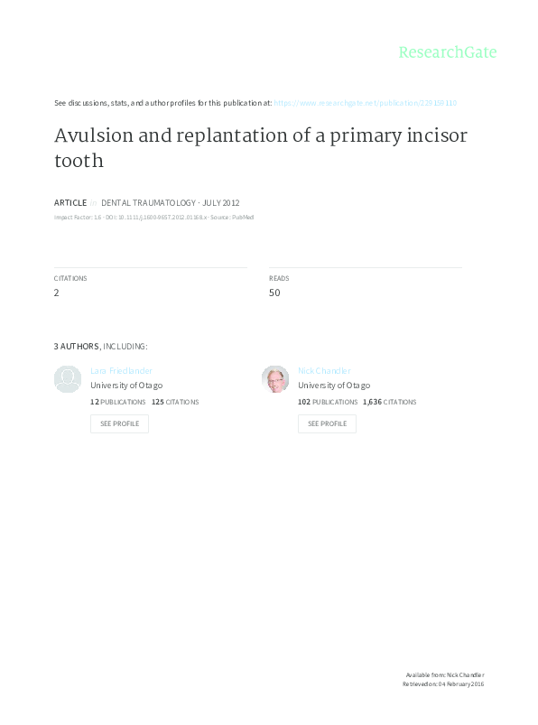 (PDF) Avulsion and replantation of a primary incisor tooth