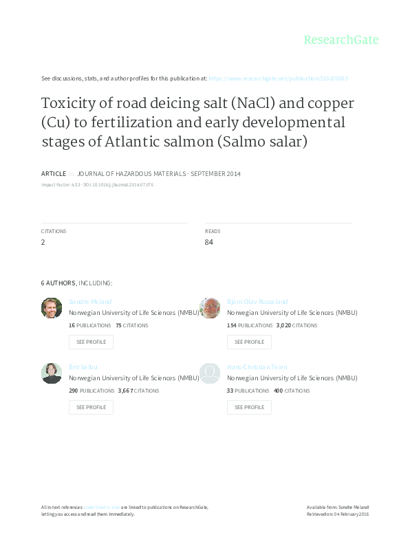 (PDF) Toxicity of road deicing salt (NaCl) and copper (Cu) to