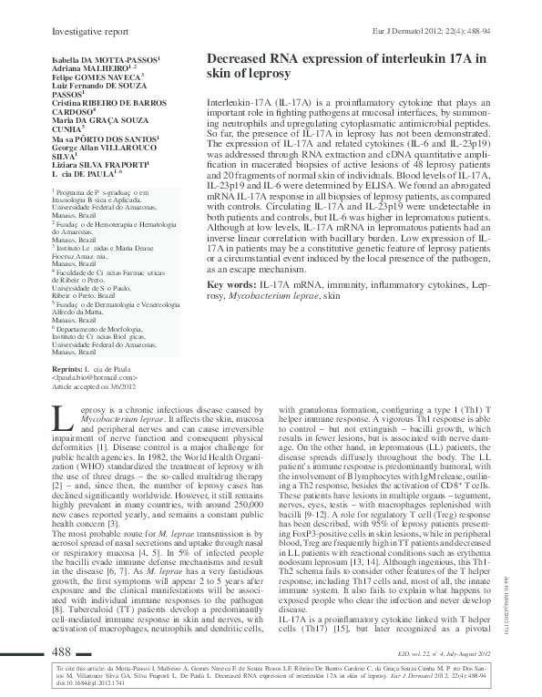 (PDF) Decreased RNA expression of interleukin 17A in skin of leprosy