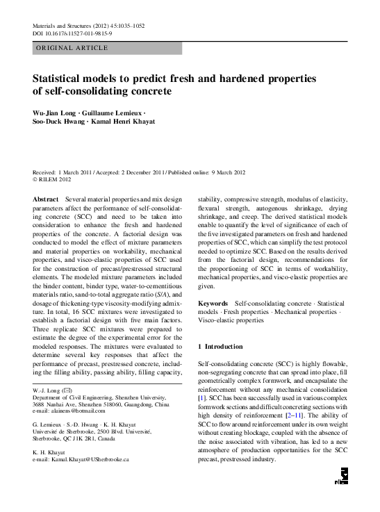(PDF) Statistical models to predict fresh and hardened properties of ...