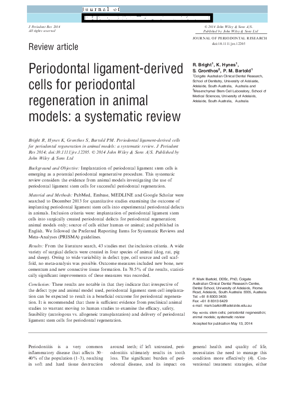 (PDF) Periodontal ligamentderived cells for periodontal regeneration