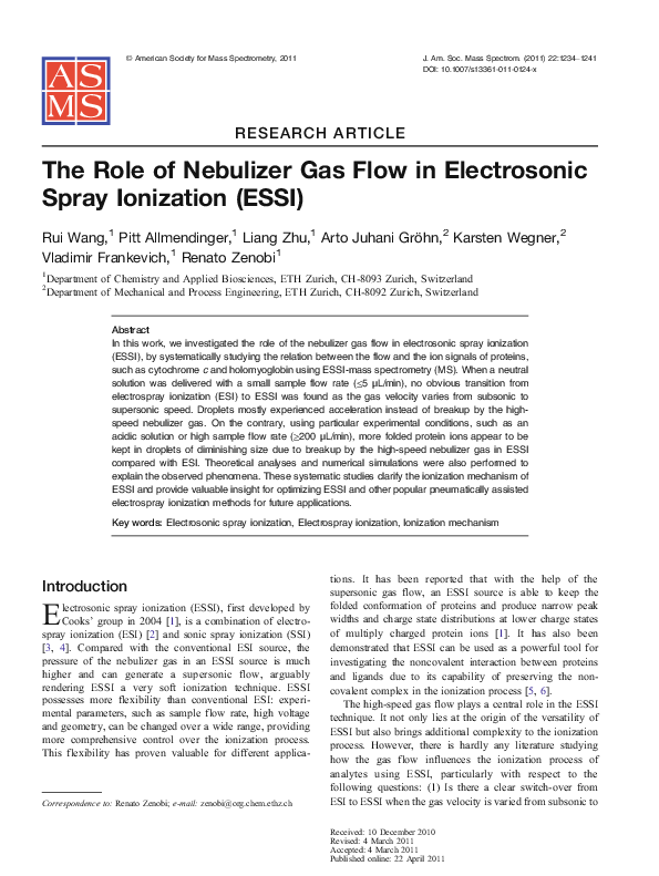 (PDF) The Role of Nebulizer Gas Flow in Electrosonic Spray Ionization
