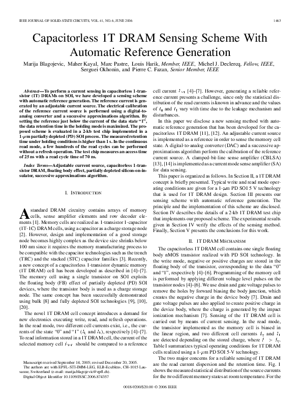 (PDF) Capacitorless 1T DRAM Sensing Scheme With Automatic Reference ...