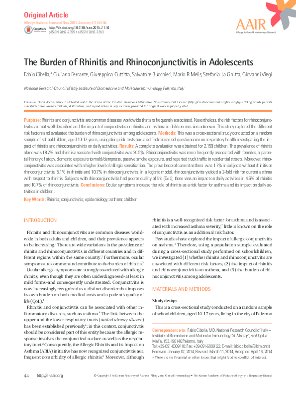 (PDF) The burden of rhinitis and rhinoconjunctivitis in adolescents