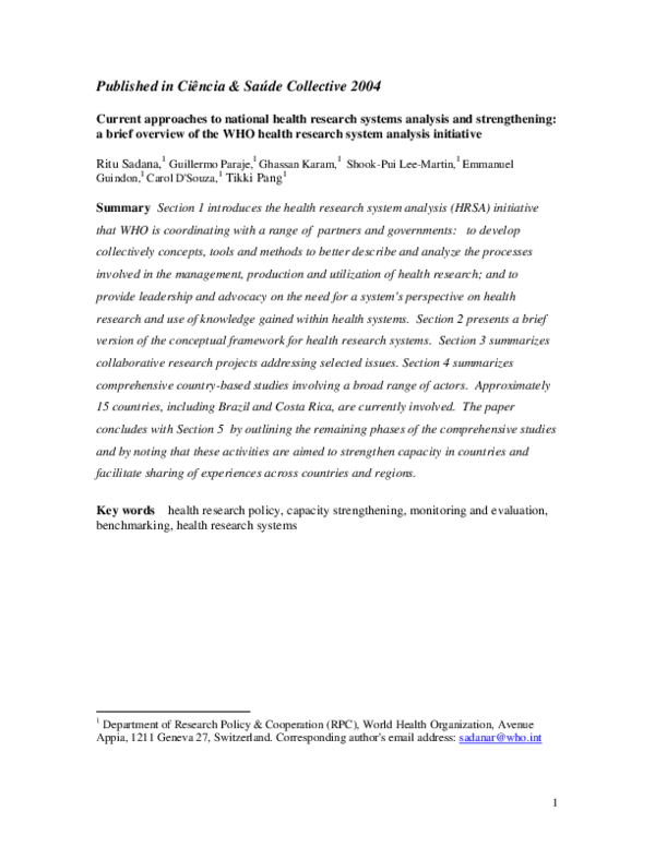 (PDF) Current approaches to national health research systems analysis ...