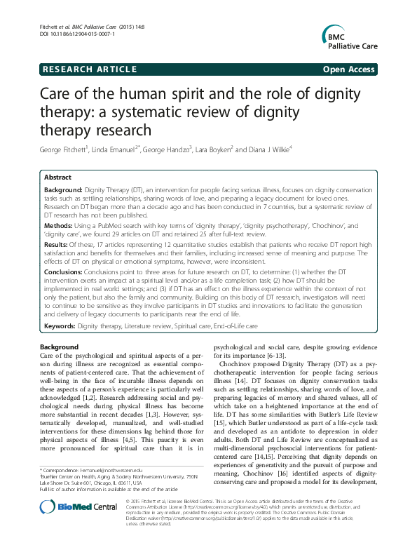 (PDF) Care of the human spirit and the role of dignity therapy a