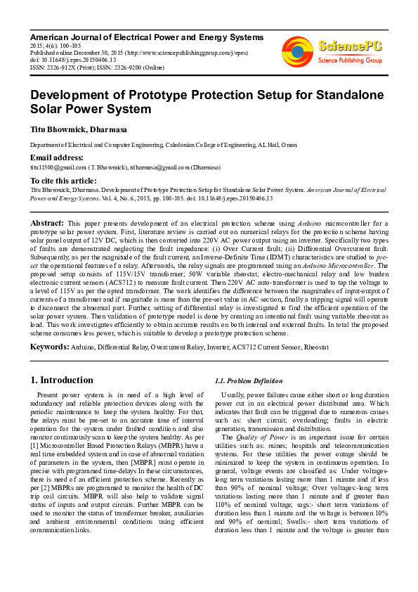 (PDF) Development of Prototype Protection Setup for Standalone Solar ...