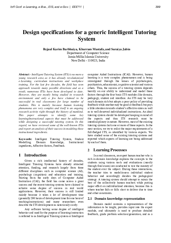 (PDF) Design specifications for a generic Intelligent Tutoring System