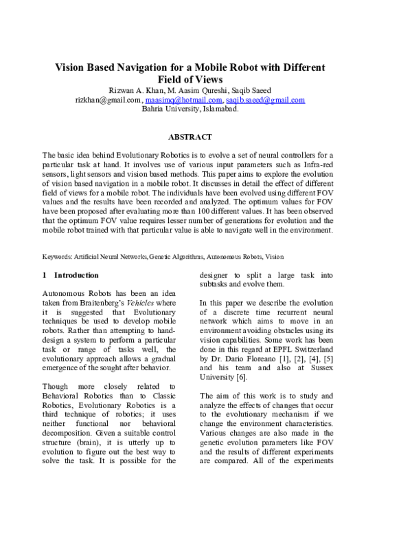 (PDF) Vision Based Navigation for a Mobile Robot With Different Field ...