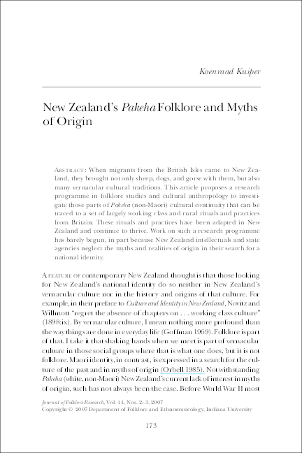 (PDF) New Zealand's Pakeha Folklore and Myths of Origin