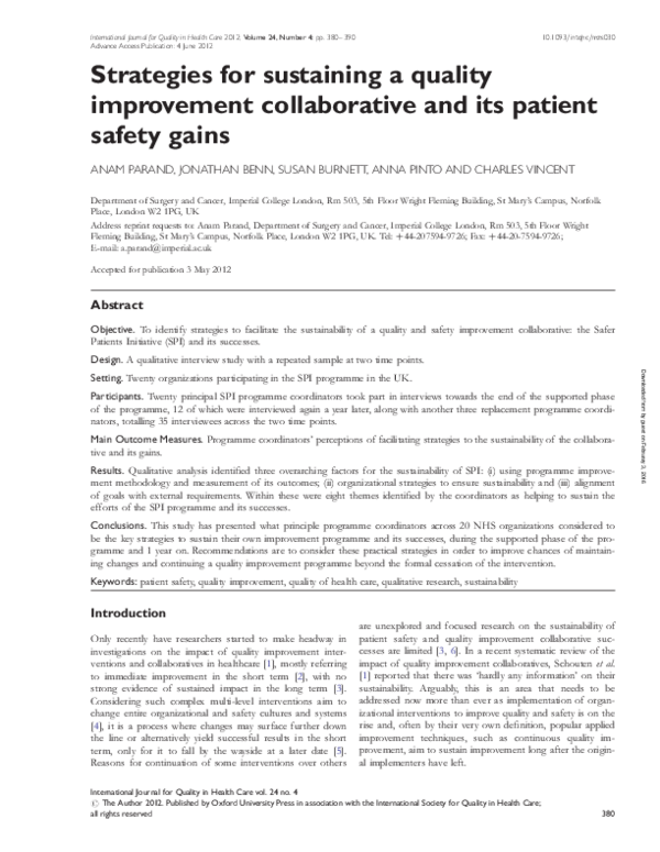 (PDF) Strategies for sustaining a quality improvement collaborative and ...