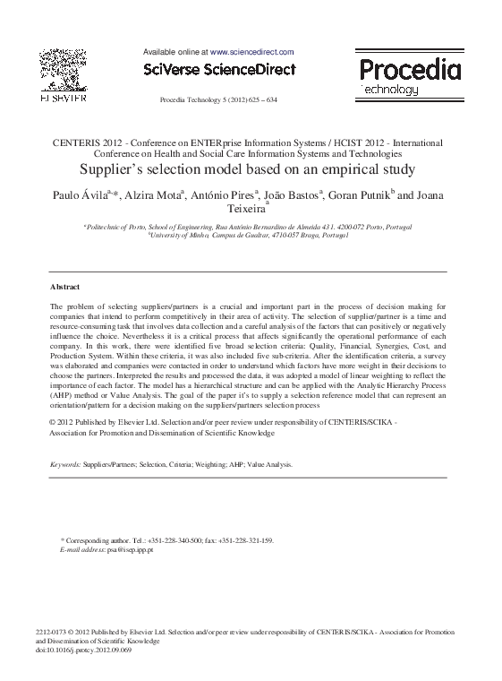 (PDF) Supplier's Selection Model based on an Empirical Study