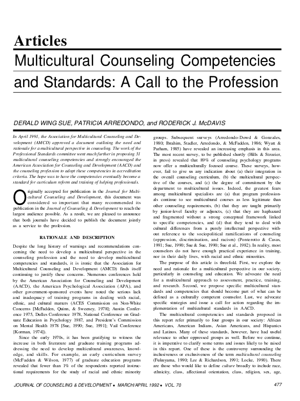 Pdf Multicultural Counseling Competencies And Standards A Call To The Profession Derald W Sue Academia Edu