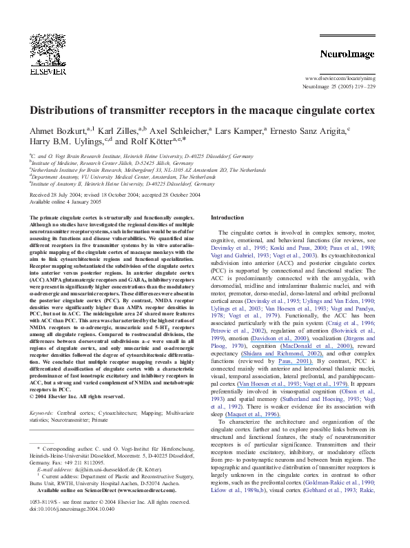 (PDF) Distributions of transmitter receptors in the macaque cingulate ...