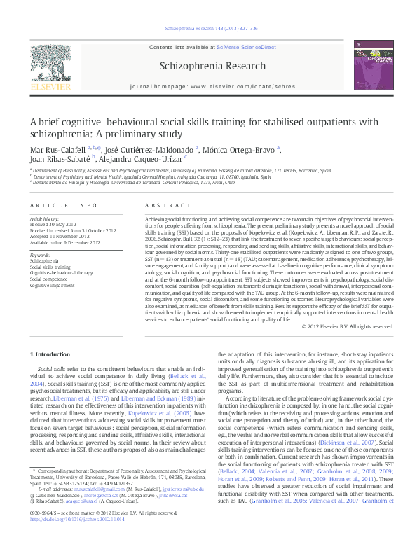 (PDF) A brief cognitive–behavioural social skills training for ...