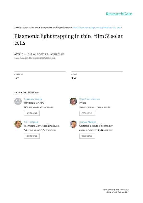 (PDF) Plasmonic light trapping in thin-film Si solar cells