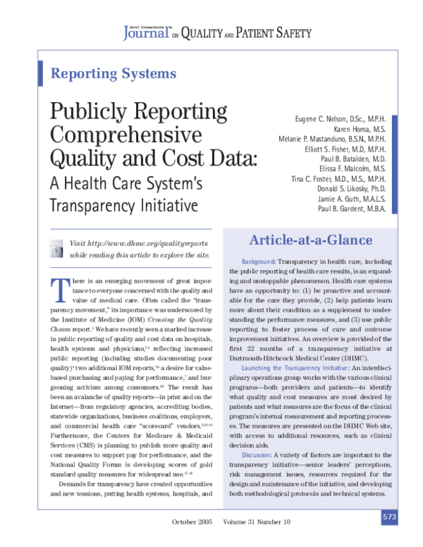 (PDF) Publicly reporting comprehensive quality and cost data: a health ...