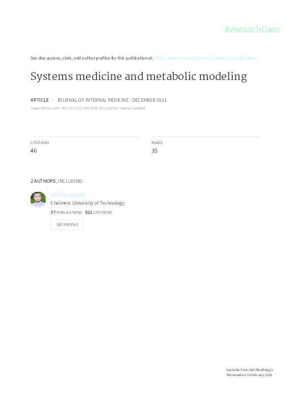 (PDF) Systems medicine and metabolic modelling