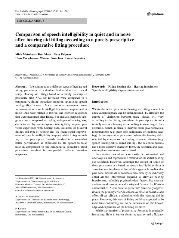 (PDF) Comparison of speech intelligibility in quiet and in noise after ...