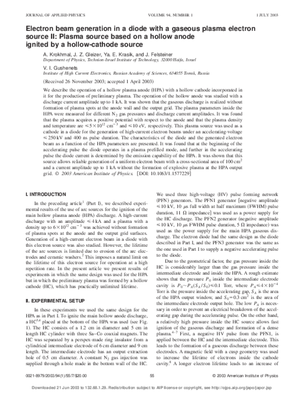 (PDF) Electron beam generation in a diode with a gaseous plasma ...