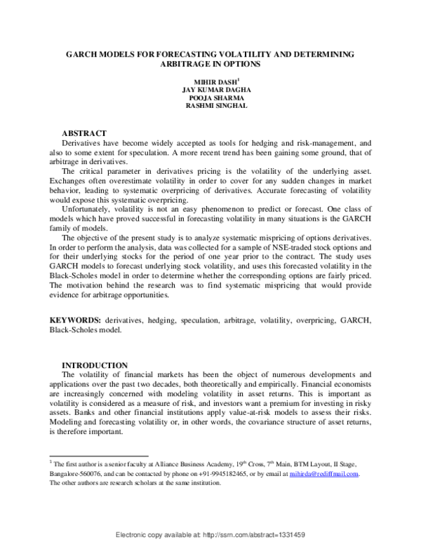 (PDF) GARCH Models for Forecasting Volatility and Determining Arbitrage ...