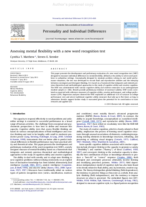 (PDF) Assessing mental flexibility with a new word recognition test