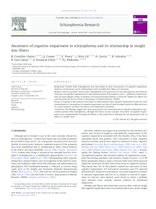 (PDF) Awareness of cognitive impairment in schizophrenia and its ...