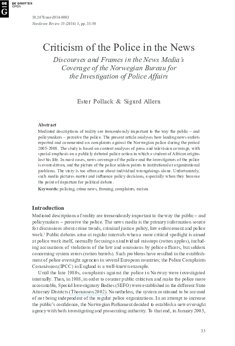 (PDF) Criticism of the Police in the News. Discourses and Frames in the ...