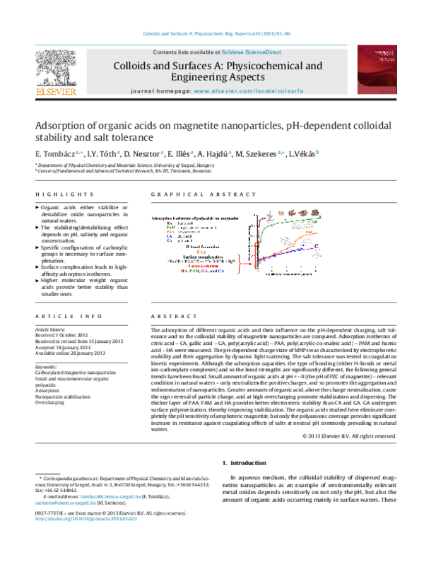 (PDF) Adsorption of organic acids on magnetite nanoparticles, pH ...