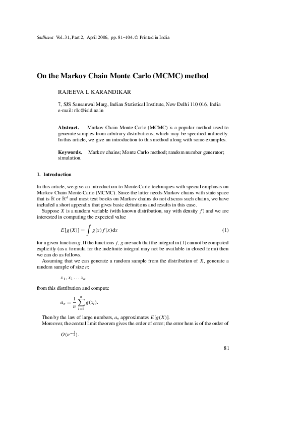 (PDF) On the Markov Chain Monte Carlo (MCMC) method