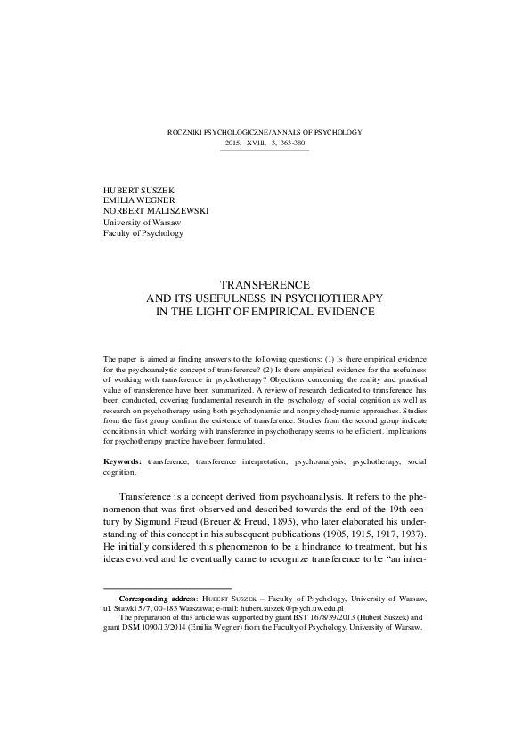 (PDF) Transference and its usefulness in psychotherapy in the light of ...
