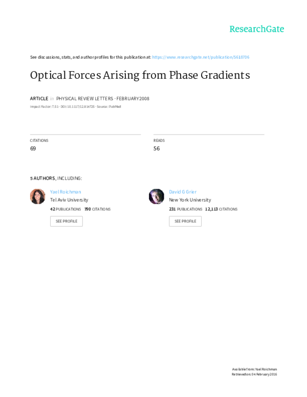 (PDF) Optical Forces Arising from Phase Gradients Yael Roichman