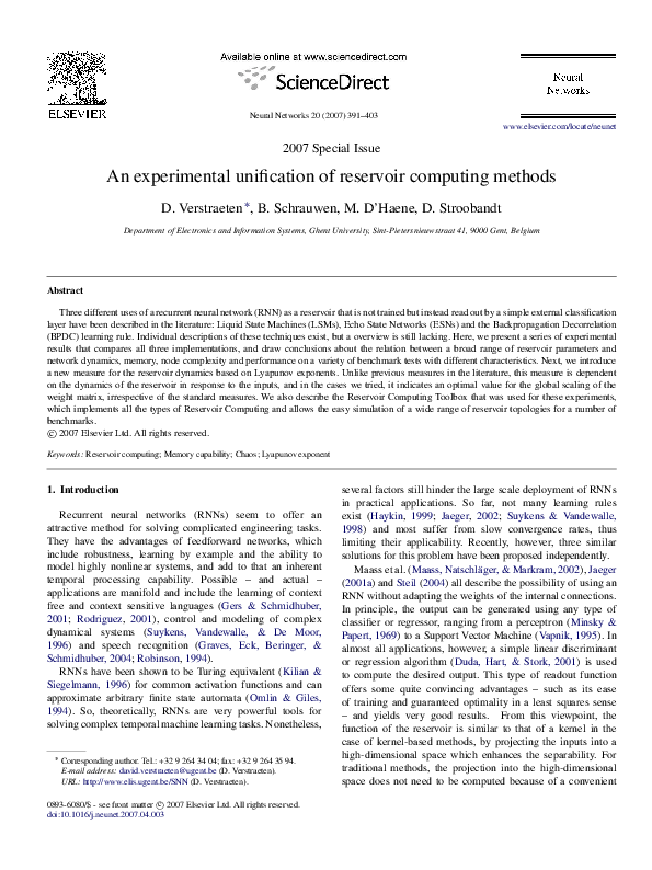 (PDF) An experimental unification of reservoir computing methods