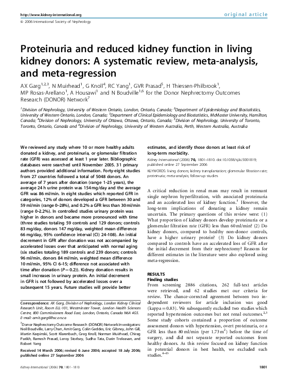 (PDF) Proteinuria and reduced kidney function in living kidney donors A systematic review, meta