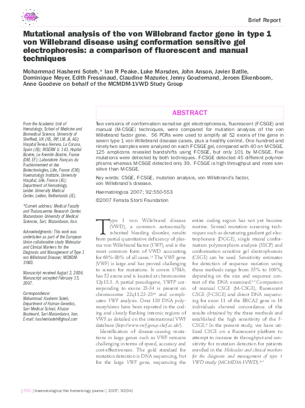 (PDF) Mutational analysis of the von Willebrand factor gene in type 1 ...