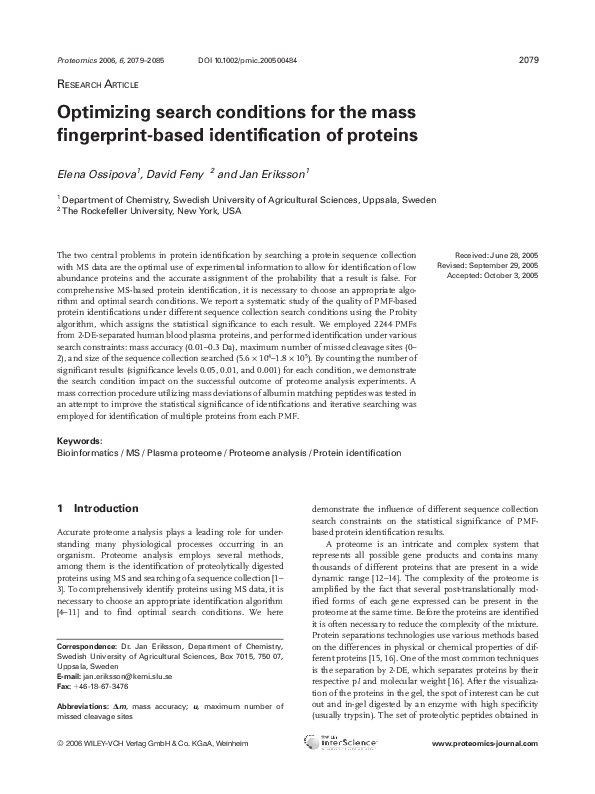 Optimizing search conditions for the mass fingerprint-based identification of proteins