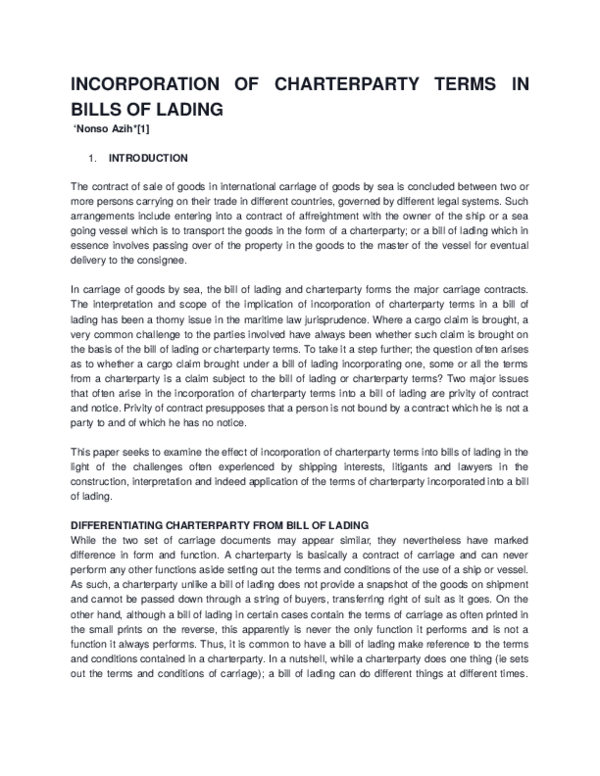 (DOC) INCORPORATION OF CHARTERPARTY TERMS IN BILLs OF LADING