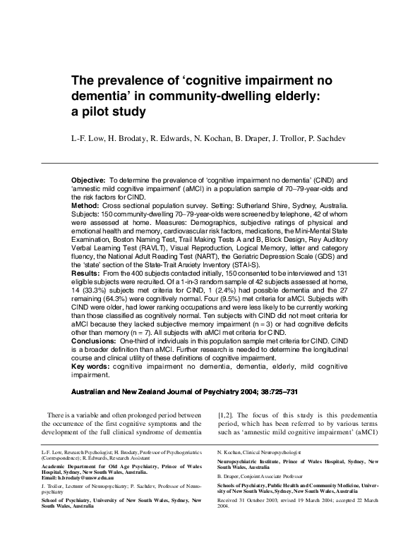 (PDF) The prevalence of ‘cognitive impairment no dementia’ in community ...