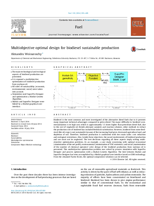 (PDF) Multiobjective optimal design for biodiesel sustainable production
