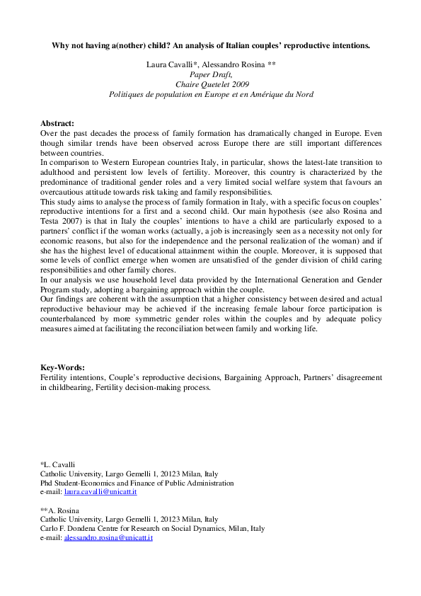 (PDF) An Analysis of Reproductive Intentions of Italians Couples