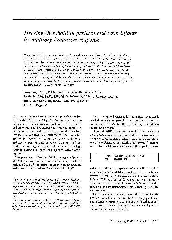 (PDF) Hearing threshold in preterm and term infantsby auditory ...