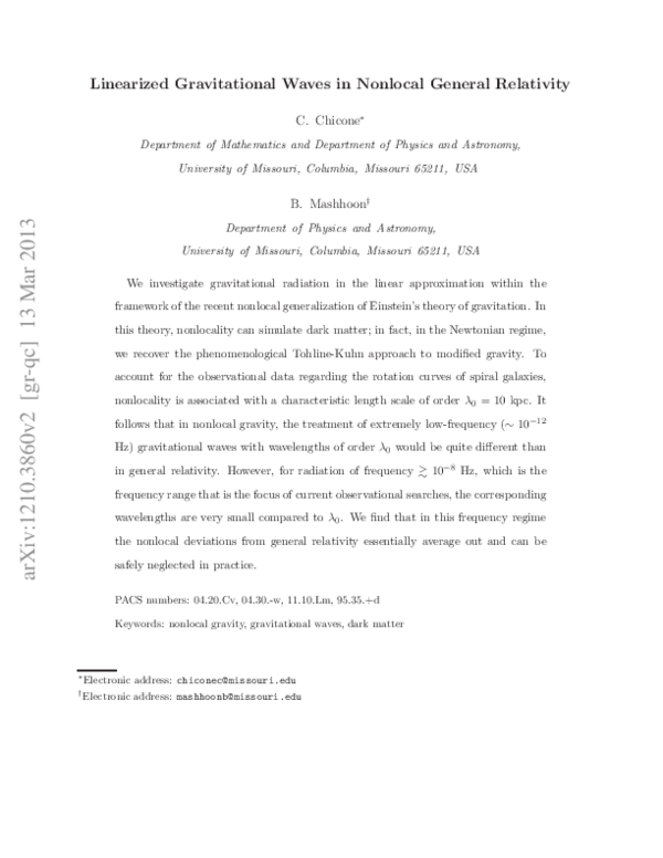 (PDF) Linearized gravitational waves in nonlocal general relativity